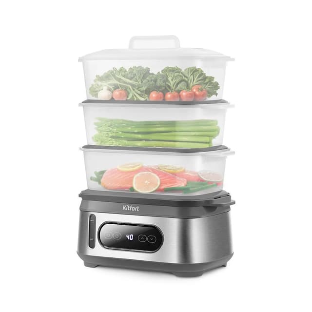 Пароварка, Kitfort, КТ-6280, 3 яруса, Объем корзин 9л, Объем резервуара для воды 1.5л, Время приготовления 90 мин, Отложенный старт 12ч, Электронное управление, Мощность 900-1050 Вт, Длина шнура 0.7м, Стальной