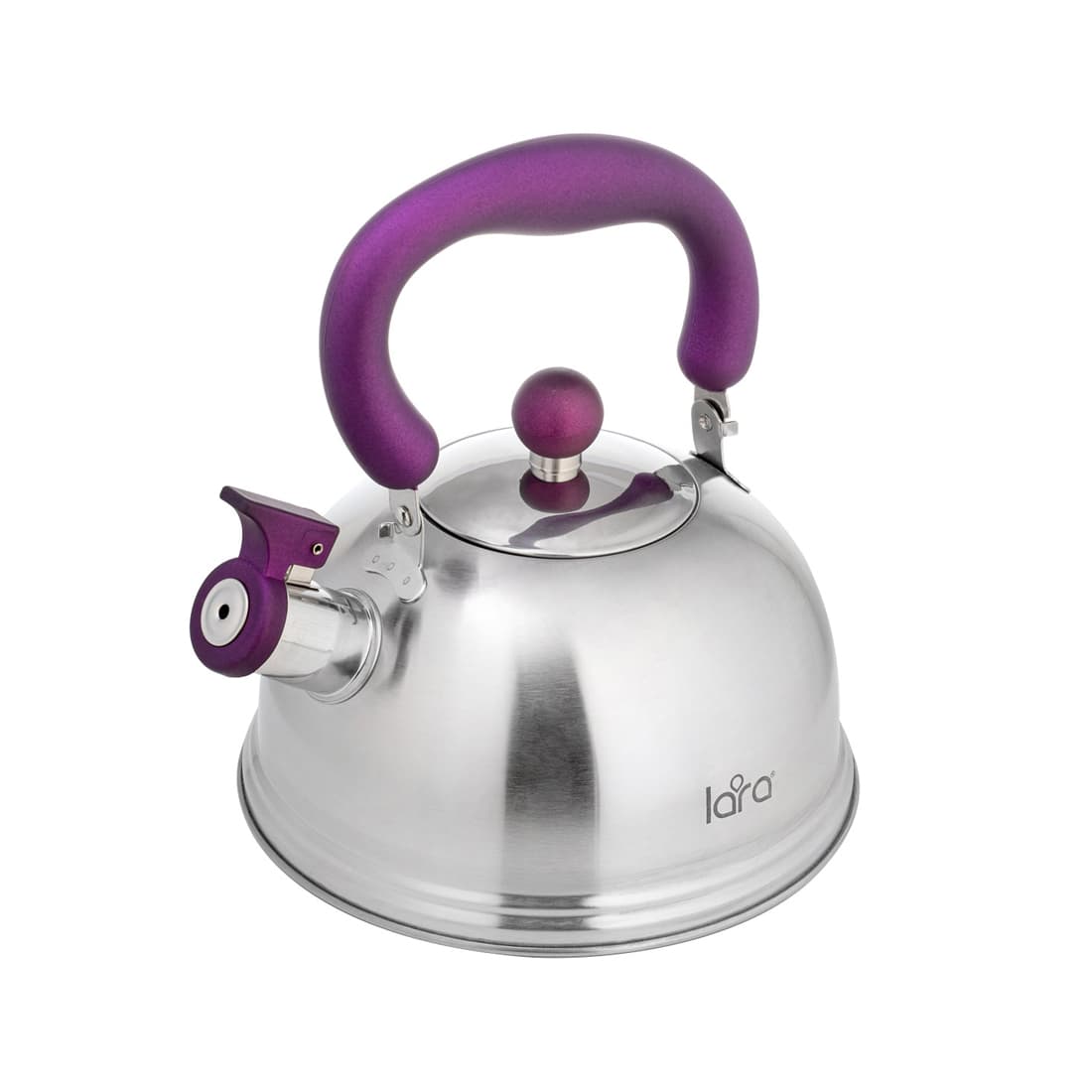 Чайник, LARA, LR00-61, Матовый, Объем 2.1л, Нержавеющая сталь, Индукционное капсулированное дно, Нейлоновая ручка Soft Touch, Складная ручка, Стальной/Фиолетовый