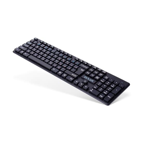 Клавиатура, Delux, DLK-150GB, Ультратонкая, Беспроводная 2.4ГГц, Кол-во стандартных клавиш 104, 12 мультимедиа-клавиш (FN), Размер: 433*124*20,7 мм., Анг/Рус/Каз, Чёрный