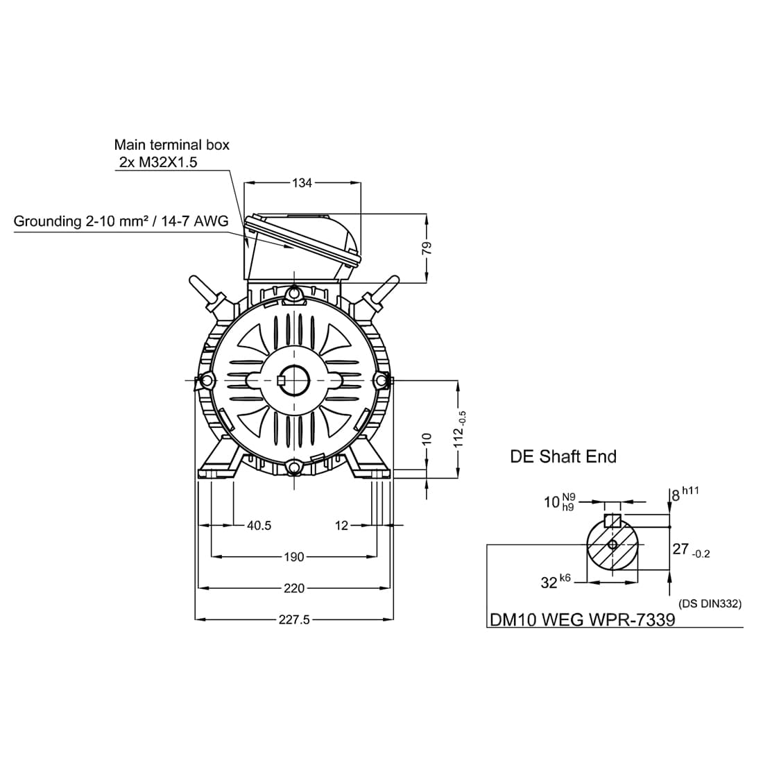Асинхронный электродвигатель, WEG, 17376515, WGOST-L112M, 7.5 kW, 2 Пол, B3T, 220/380 В, 50 Гц, IE1, IP55, Std.