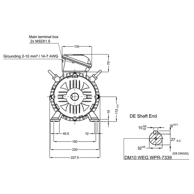 Асинхронный электродвигатель, WEG, 17376515, WGOST-L112M, 7.5 kW, 2 Пол, B3T, 220/380 В, 50 Гц, IE1, IP55, Std.