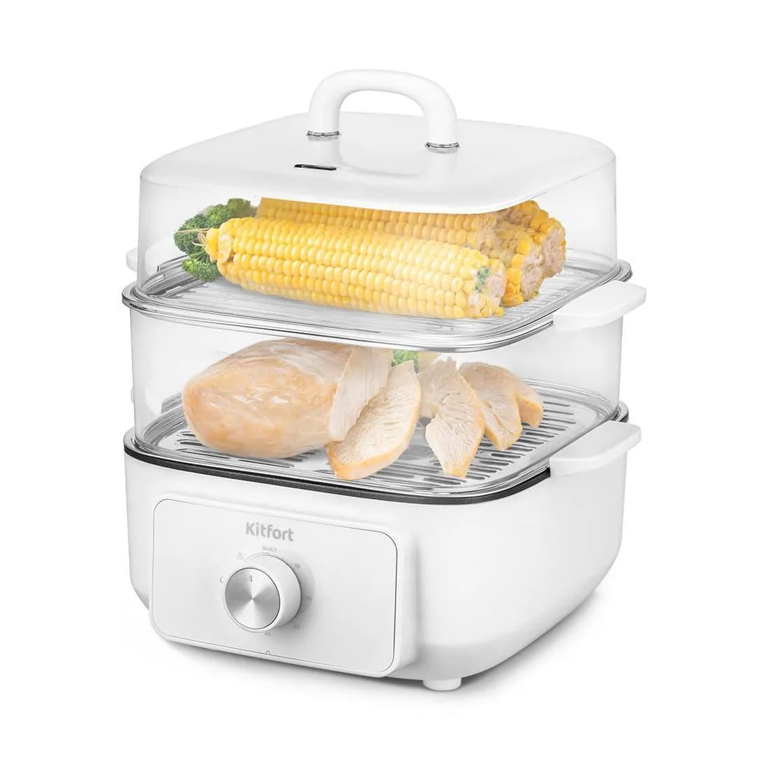Пароварка, Kitfort, КТ-6484, 2 корзины, Объем парового отсека 3.5л, Объем резервуара для воды 2.3л, Мощность 1000Вт, Длина шнура 0.8м, Белый