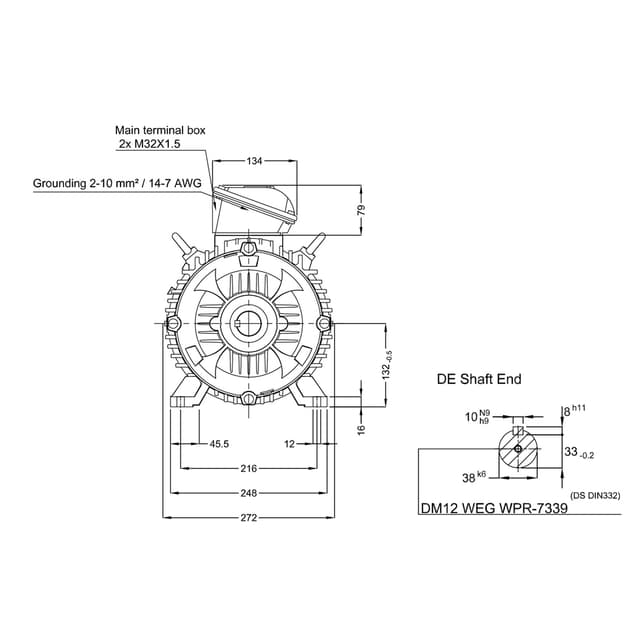 Асинхронный электродвигатель, WEG, 17725342, WGOST-132M, 11 kW, 2 Пол, B3T, 220/380 В, 50 Гц, IE1, IP55, Std.