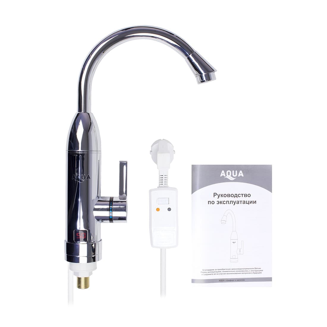 Бытовой кран с подогревом воды, AQUA, WH103W, 220В, Вертикальная установка. Температура нагрева до +60 С, Датчик температуры, Длина кабеля 1.5м, Серебристый
