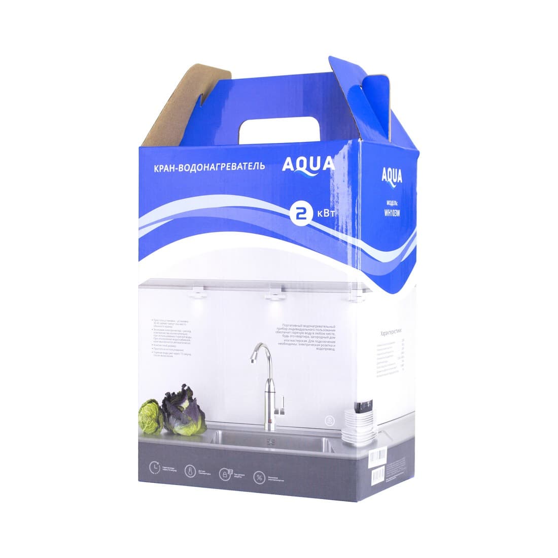 Бытовой кран с подогревом воды, AQUA, WH103W, 220В, Вертикальная установка. Температура нагрева до +60 С, Датчик температуры, Длина кабеля 1.5м, Серебристый