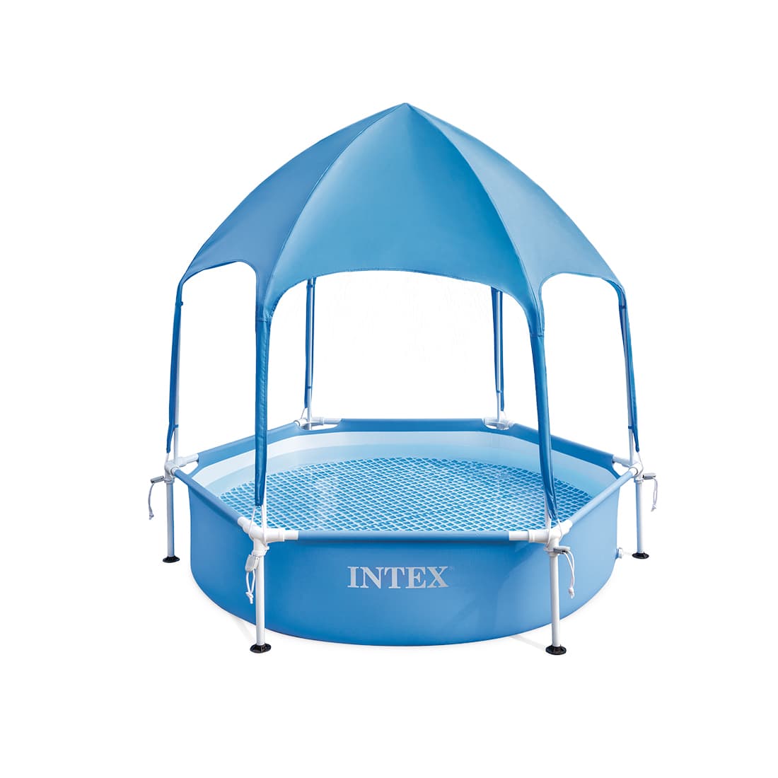 Детский каркасный бассейн Canopy Metal Frame 183 х 38 см, INTEX, 28209NP, Винил, 700 л., С навесом, Встроенный разбрызгиватель, Синий, Цветная коробка