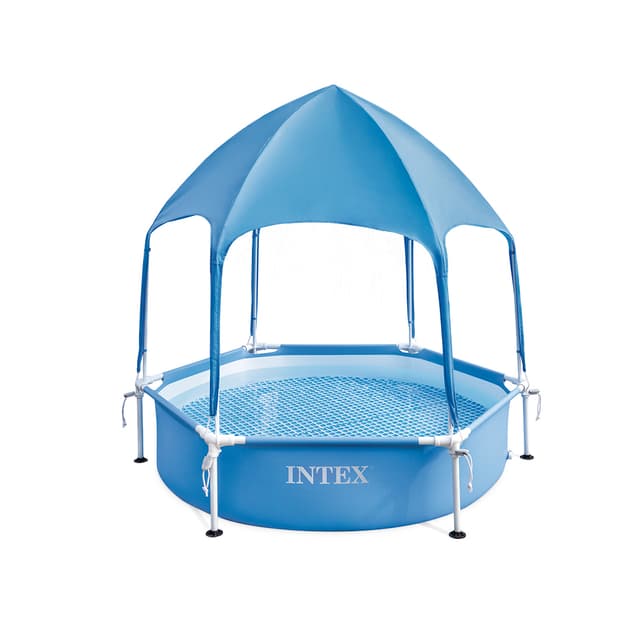 Детский каркасный бассейн Canopy Metal Frame 183 х 38 см, INTEX, 28209NP, Винил, 700 л., С навесом, Встроенный разбрызгиватель, Синий, Цветная коробка
