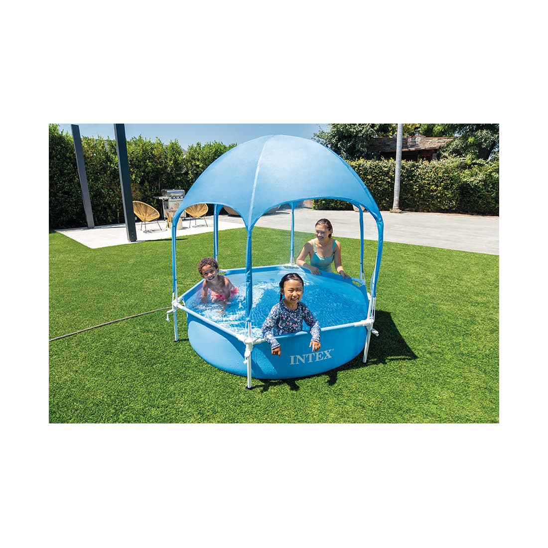 Детский каркасный бассейн Canopy Metal Frame 183 х 38 см, INTEX, 28209NP, Винил, 700 л., С навесом, Встроенный разбрызгиватель, Синий, Цветная коробка