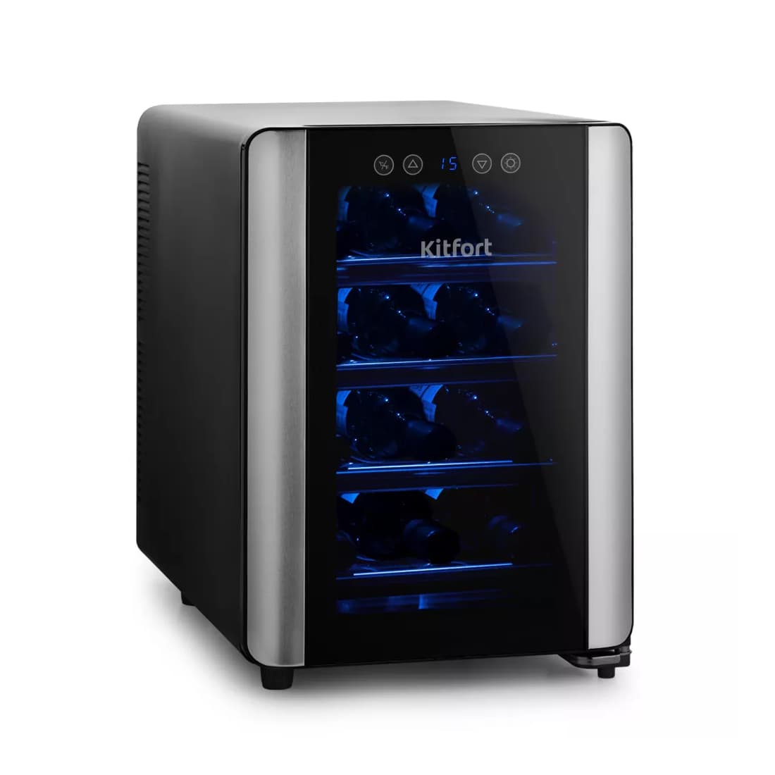 Винный шкаф, Kitfort, KT-2402, Термоэлектрическое охлаждение, Внутренний объем 35 л, Вместимость 12 бутылок, 4 полки, Уровень шума 25 дБ, Мощность 70 Вт, Черный