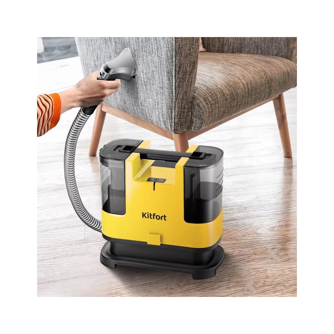 Моющий пылесос, Kitfort, КТ-5162-3, Объем резервуара для чистой воды 1.3л, Длина шланга 1.2 м, Длина шнура 2.9 м, Мощность 400 Вт, Черно-желтый