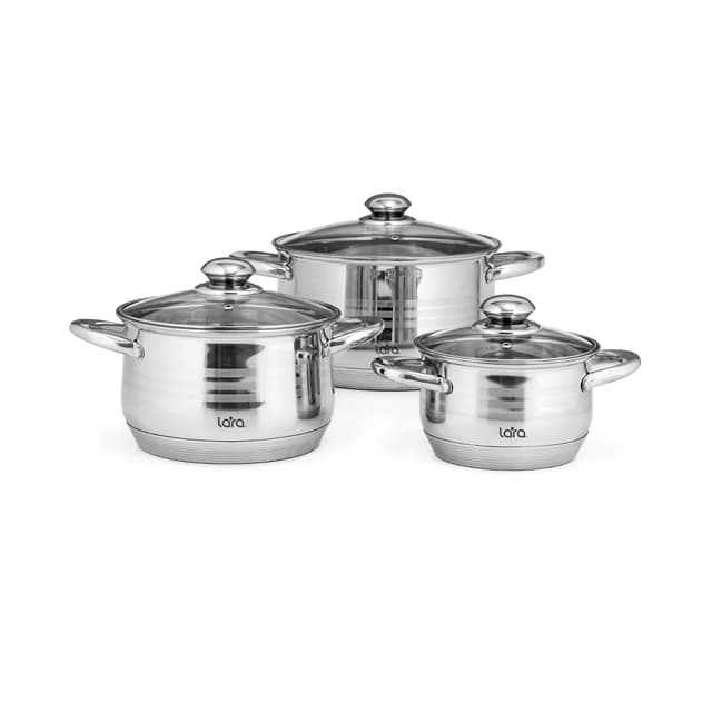 Набор посуды, LARA, SONATA LR02-100, 6 пр, Кастрюли 3шт, Крышки 3 шт, Диаметр 16/20/24 см, Объем 2.1л/3.9л/6.5л, Нержавеющая сталь, Для всех типов плит, Мойка ручная/в посудомоечной машине, Стальной