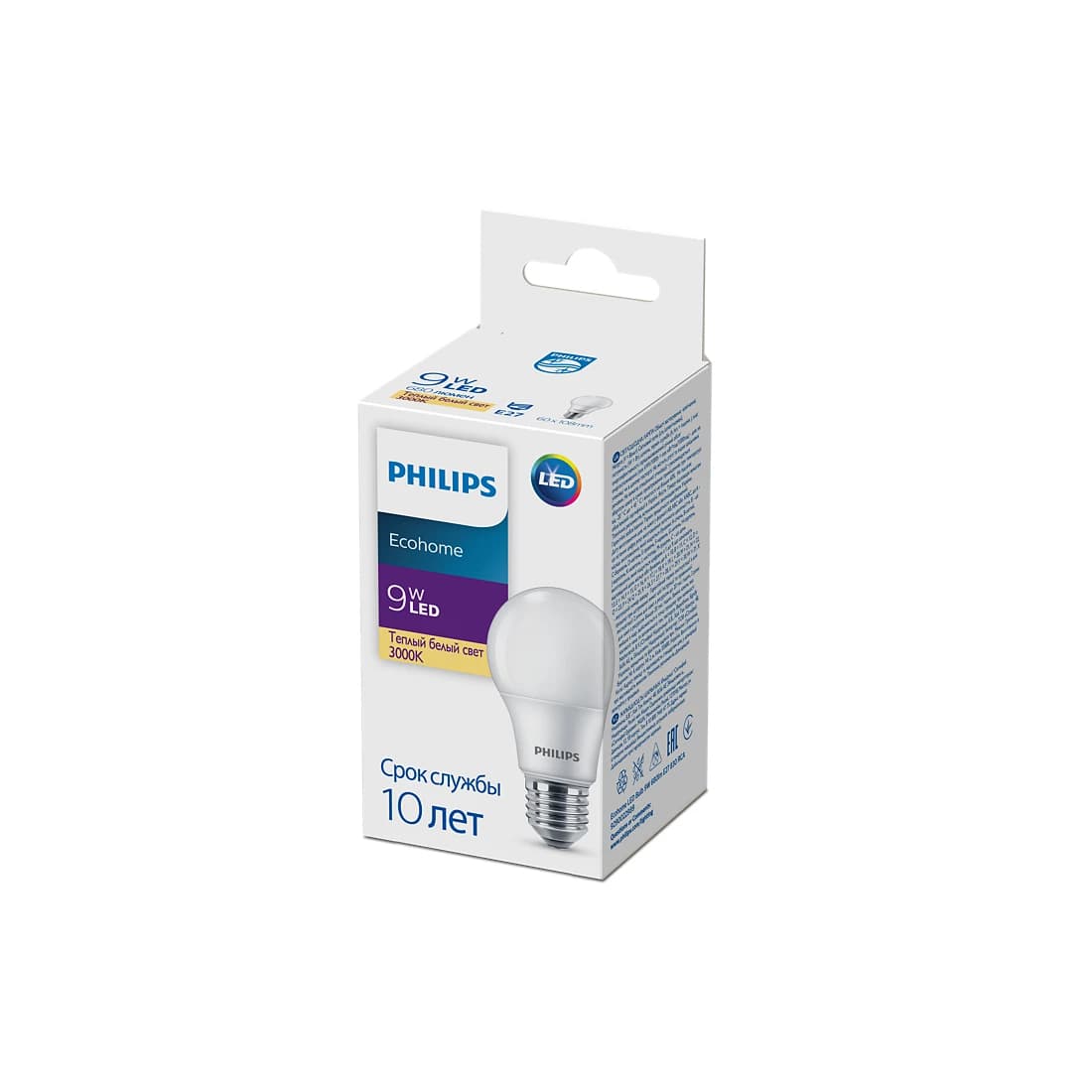 Лампа, Philips, LED Bulb 9W-680lm-E27-830-RCA, Ecohome, Мощность 9Вт, Световой поток 680Лм, Цоколь E27, Индекс цветопередачи 80CRI, Температура 3000К, Теплый