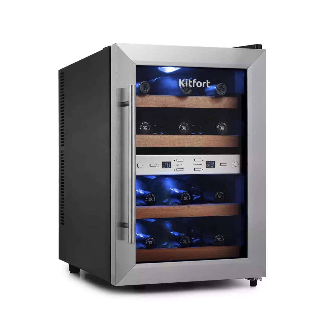 Винный шкаф, Kitfort, KT-2404, Вместимость 12 бутылок, 4 деревянных полки, 2 климатические зоны, Объем 33л, Уровень шума 41 дБ, Температура 7-18 °С, Климатический класс SN/N, Черный/стальной