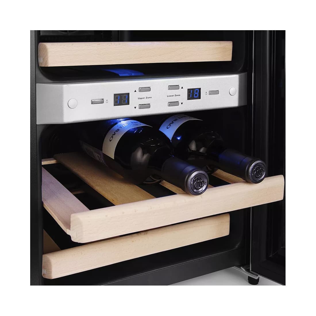 Винный шкаф, Kitfort, KT-2404, Вместимость 12 бутылок, 4 деревянных полки, 2 климатические зоны, Объем 33л, Уровень шума 41 дБ, Температура 7-18 °С, Климатический класс SN/N, Черный/стальной