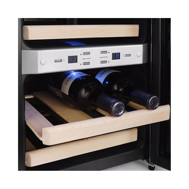Винный шкаф, Kitfort, KT-2404, Вместимость 12 бутылок, 4 деревянных полки, 2 климатические зоны, Объем 33л, Уровень шума 41 дБ, Температура 7-18 °С, Климатический класс SN/N, Черный/стальной