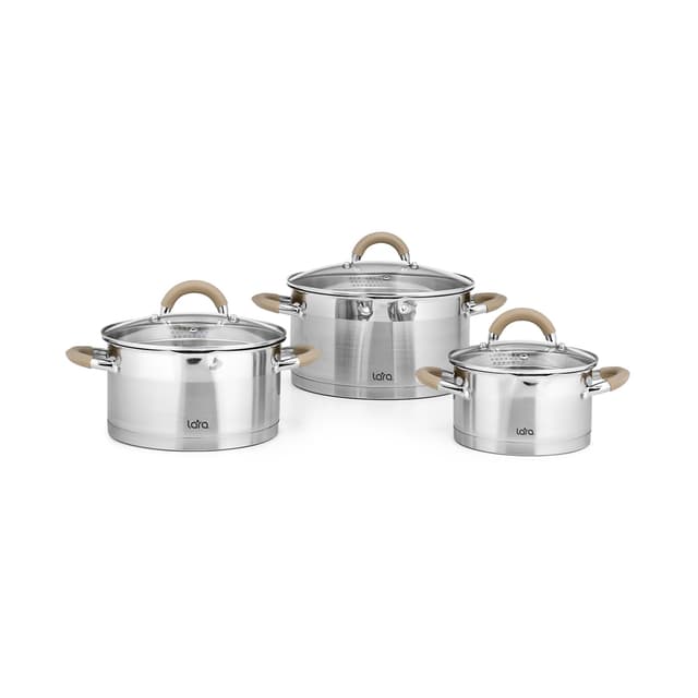 Набор посуды, LARA, БЕРЛИН LR02-119, 6 пр, Кастрюли 3шт, Крышки 3 шт, Диаметр 16/20/24 см, Объем 1.7л/3.1л/5.7л, Нержавеющая сталь, Сливной носик, Для всех типов плит, Мойка ручная/в посудомоечной машине, Стальной
