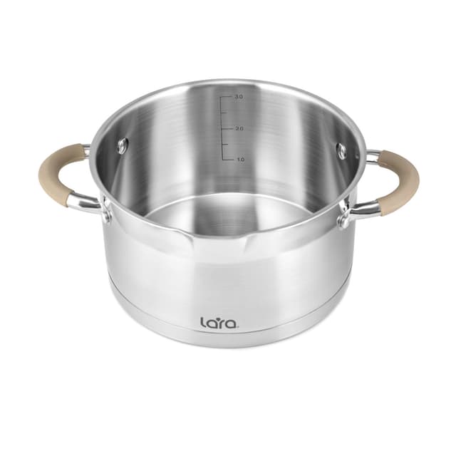 Набор посуды, LARA, БЕРЛИН LR02-119, 6 пр, Кастрюли 3шт, Крышки 3 шт, Диаметр 16/20/24 см, Объем 1.7л/3.1л/5.7л, Нержавеющая сталь, Сливной носик, Для всех типов плит, Мойка ручная/в посудомоечной машине, Стальной