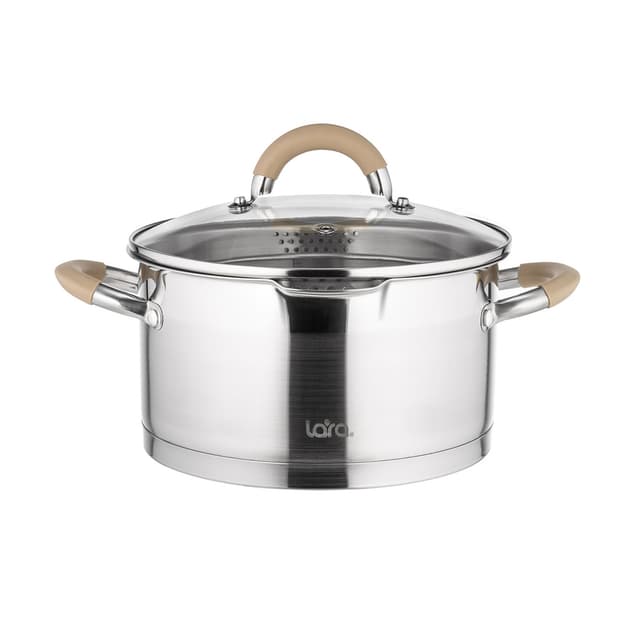 Набор посуды, LARA, БЕРЛИН LR02-119, 6 пр, Кастрюли 3шт, Крышки 3 шт, Диаметр 16/20/24 см, Объем 1.7л/3.1л/5.7л, Нержавеющая сталь, Сливной носик, Для всех типов плит, Мойка ручная/в посудомоечной машине, Стальной