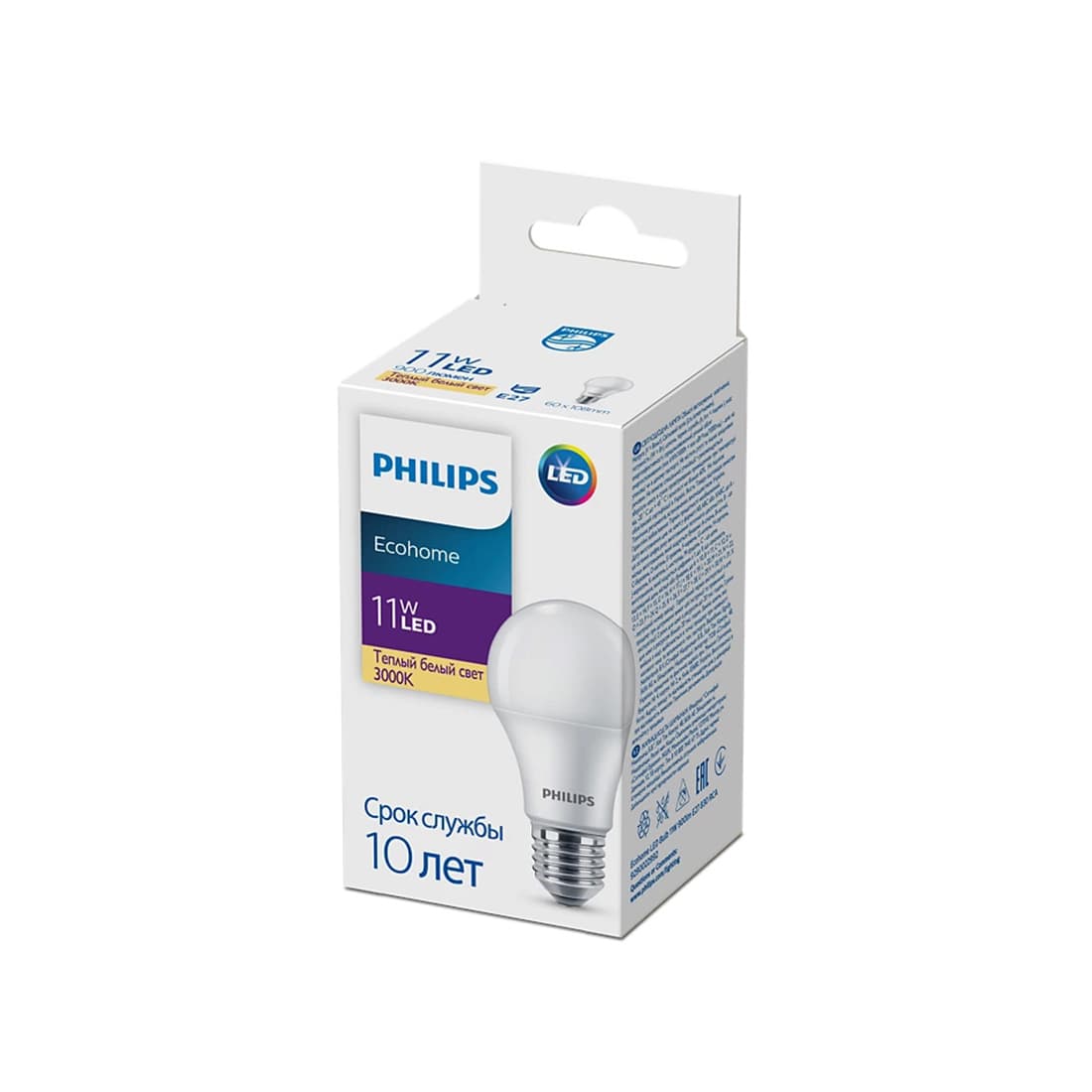 Лампа, Philips, LED Bulb 11W-900lm-E27-830-RCA, Ecohome, Мощность 11Вт, Световой поток 900Лм, Цоколь E27, Индекс цветопередачи 80CRI, Температура 3000К, Теплый