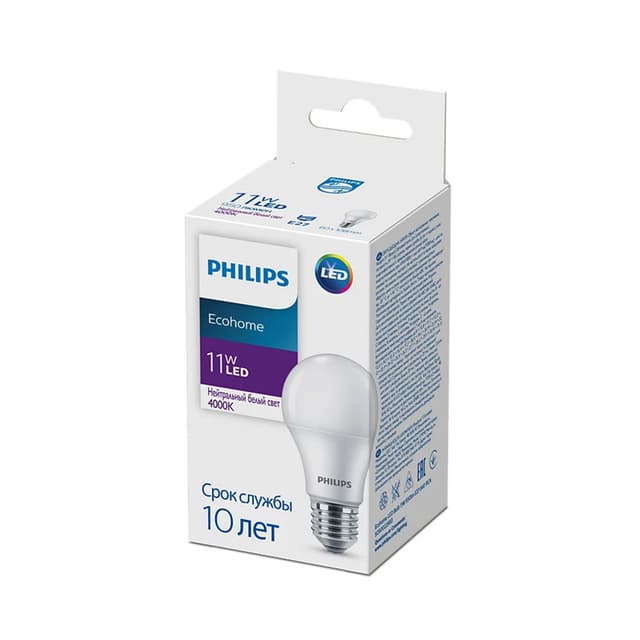 Лампа, Philips, LED Bulb 11W-950lm-E27-840-RCA, Ecohome, Мощность 11Вт, Световой поток 950Лм, Цоколь E27, Индекс цветопередачи 80CRI, Температура 4000К, Нейтральный