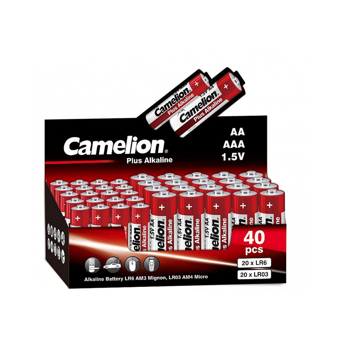 Батарейка, CAMELION, 20LR6+20LR03-CB, 10 плёнок по 4 штуки, Plus Alkaline, AA, 1.5V, 2700 mAh, AAA, 1.5V, 1150 mAh, 40 шт. в картонной коробке