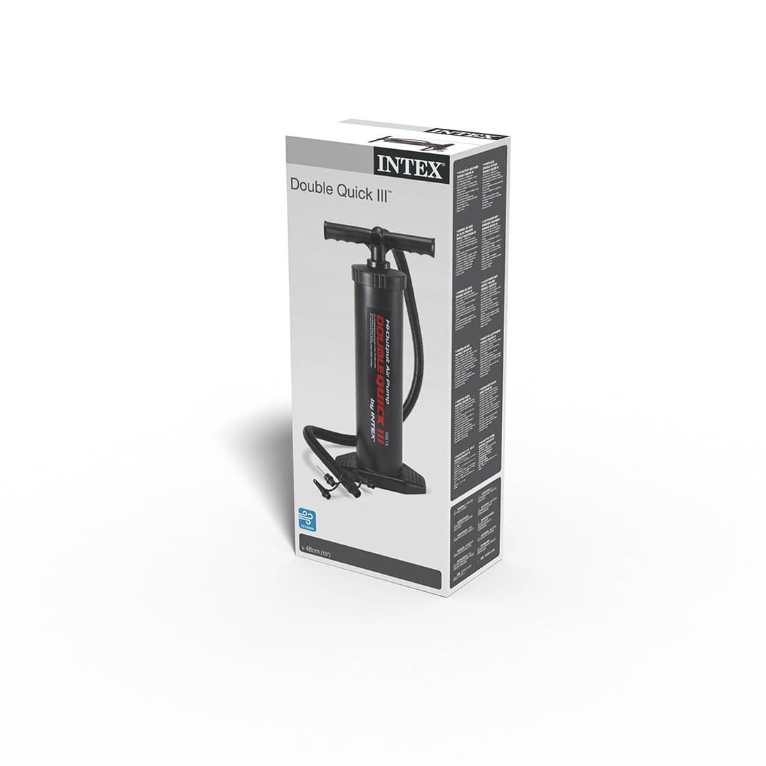 Насос ручной Double Quick III Hand Pump 48 см., INTEX, 68615, Пластик, Шланг 0.8м., 3 насадки включая иглу для накачки мячей, Макс. создаваемого давления до 8psi, Объем камеры 3.3 л., Черный, Цветная коробка