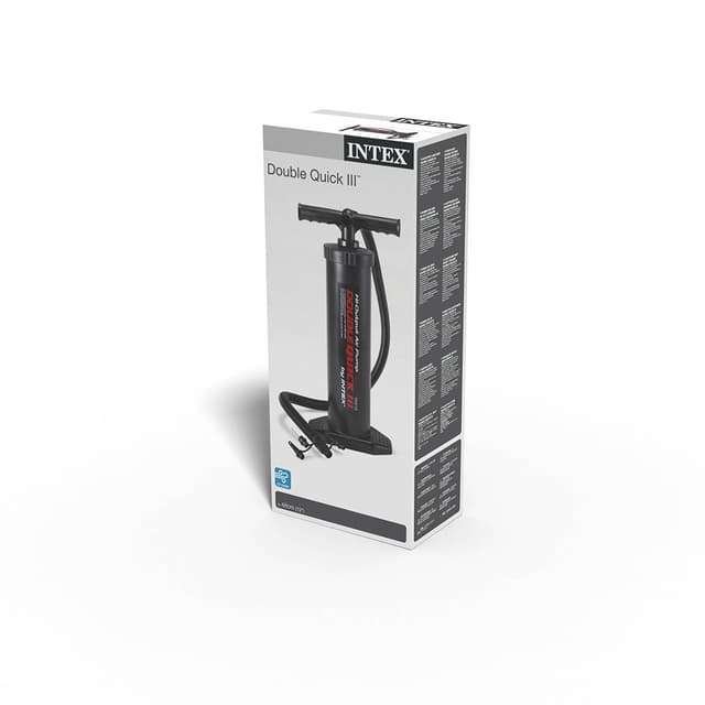 Насос ручной Double Quick III Hand Pump 48 см., INTEX, 68615, Пластик, Шланг 0.8м., 3 насадки включая иглу для накачки мячей, Макс. создаваемого давления до 8psi, Объем камеры 3.3 л., Черный, Цветная коробка