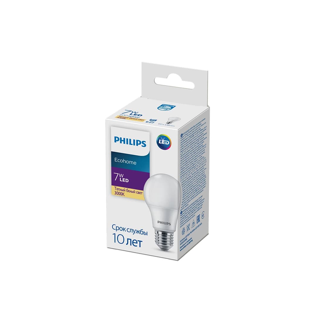 Лампа, Philips, LED Bulb 7W-500lm-E27-830-RCA, Ecohome, Мощность 7Вт, Световой поток 500Лм, Цоколь E27, Индекс цветопередачи 80CRI, Температура 3000К, Теплый