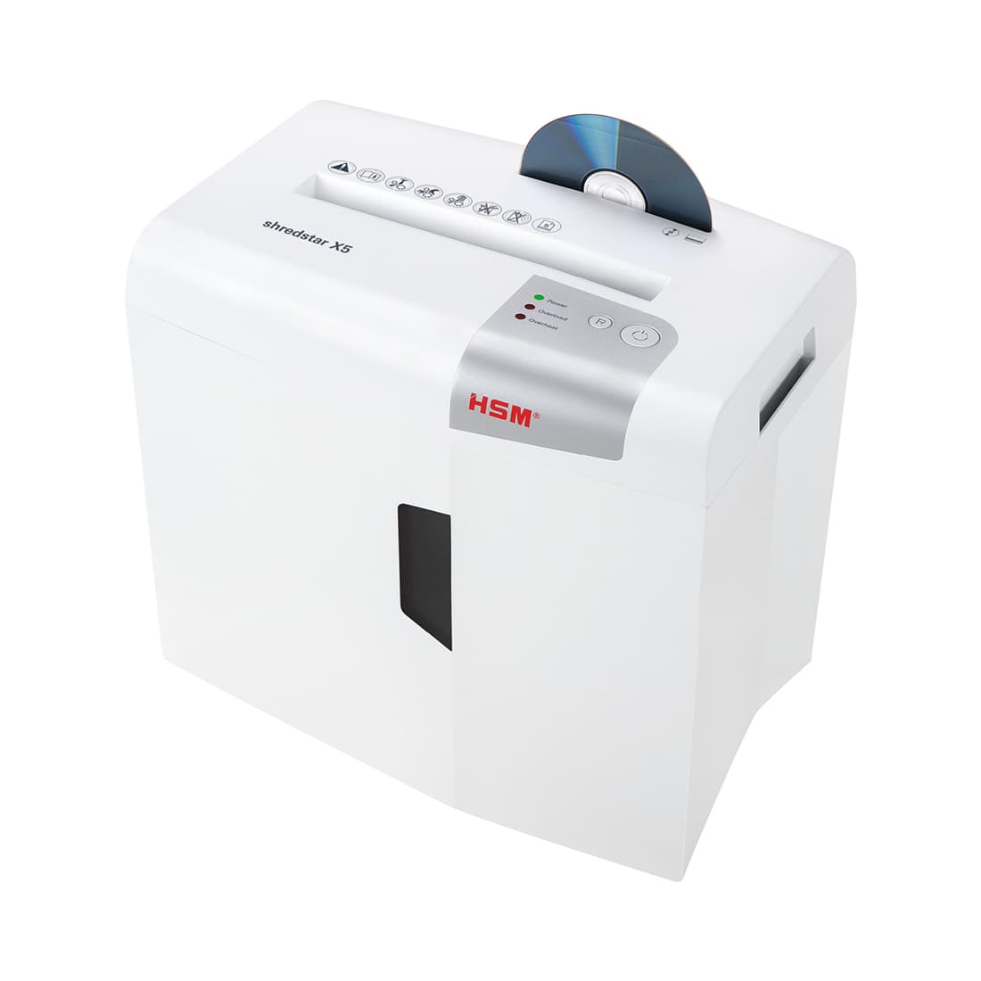 Шредер, HSM, Shredstar X5, 1043121, фрагмент 4,5x 30мм, P-4, режущая способность 5л, Ёмкость корзины 18л, продольная резка, Уничтожение CD/кредитные карты/Скрепы, белый