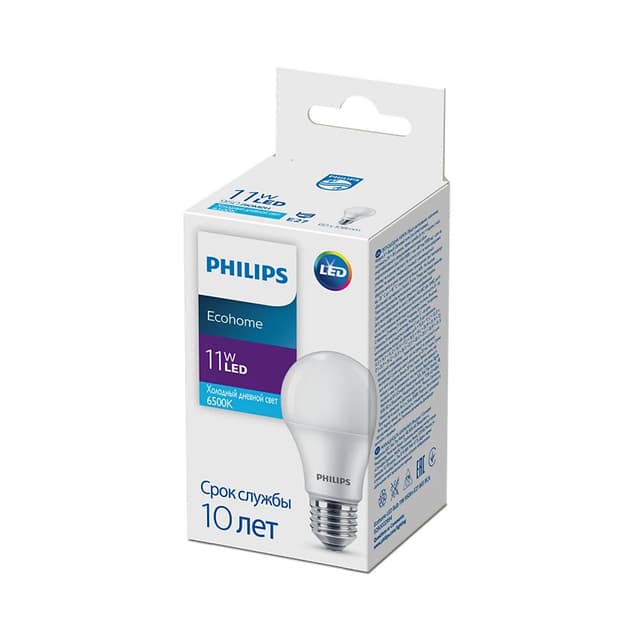 Лампа, Philips, LED Bulb 11W-950lm-E27-865-RCA, Ecohome, Мощность 11Вт, Световой поток 950Лм, Цоколь E27, Индекс цветопередачи 80CRI, Температура 6500К, Холодный