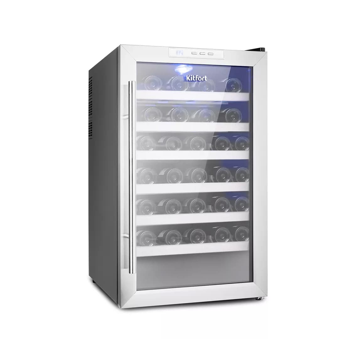 Винный шкаф, Kitfort, KT-2410, Объем 70 л, 6 деревянных полок, Температура 2 +18°C, Уровень шума 41 дБ, Энергопотребление 161 кВтч/год, Количество отсеков 1 шт, Черный