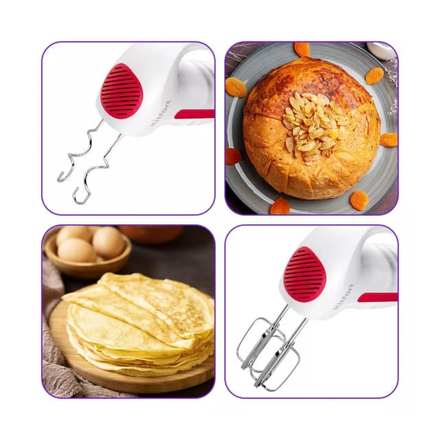 Проводной миксер, Kitfort, КТ-3445, Время непрерывной работы 5 мин, Кнопка отсоединения насадок, Число скоростей 5, Тип управления механическое, Количество насадок 4 шт , Цвет белый/красный