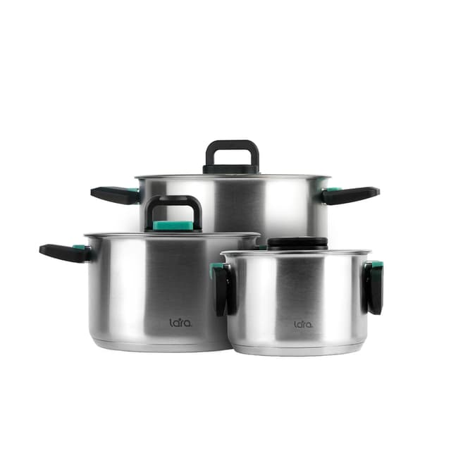 Набор посуды, LARA, ИЗУМРУД LR02-123, 3пр, Кастрюли 3шт, Крышки 3 шт, Диаметр 16/20/24 см, Объем 2л/3.8л/6.4л, Нержавеющая сталь, Для всех типов плит, Ручная мойка, Стальной/Черный/Изумрудный