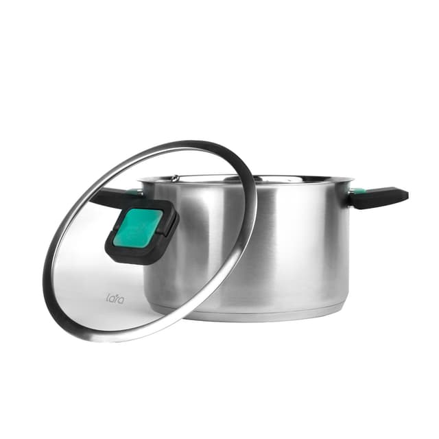 Набор посуды, LARA, ИЗУМРУД LR02-123, 3пр, Кастрюли 3шт, Крышки 3 шт, Диаметр 16/20/24 см, Объем 2л/3.8л/6.4л, Нержавеющая сталь, Для всех типов плит, Ручная мойка, Стальной/Черный/Изумрудный