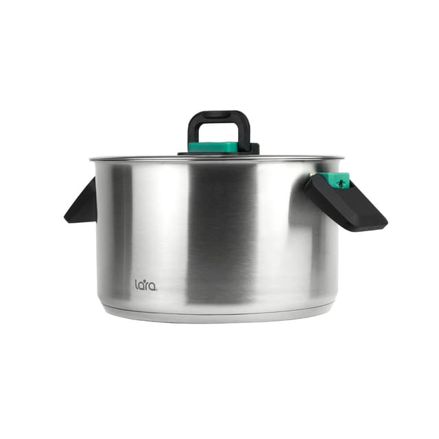 Набор посуды, LARA, ИЗУМРУД LR02-123, 3пр, Кастрюли 3шт, Крышки 3 шт, Диаметр 16/20/24 см, Объем 2л/3.8л/6.4л, Нержавеющая сталь, Для всех типов плит, Ручная мойка, Стальной/Черный/Изумрудный