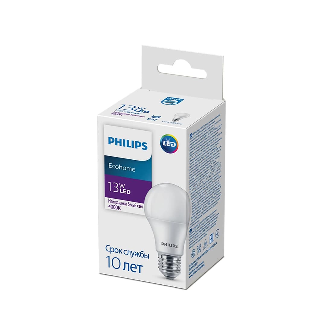 Лампа, Philips, LED Bulb 13W-1250lm-E27-840-RCA, Ecohome, Мощность 13Вт, Световой поток 1250Лм, Цоколь E27, Индекс цветопередачи 80CRI, Температура 4000К, Нейтральный