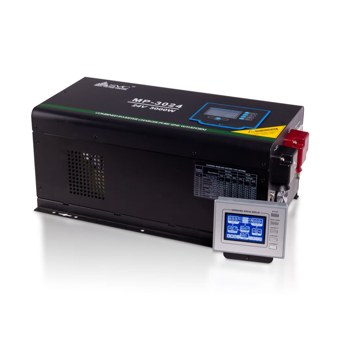 Инвертор, SVC, MP-3024, Мощность 3000ВА/3000Вт, Диапазон работы AVR: 100-290В (режим инвертора), 160-275В (режим ИБП), Вход 24В/220В, Выход 220В/230В, Чистая синусоида, Зарядный ток 45А(макс.), Время переключения режимов <10 мс Клеммное подключение, Чёрный