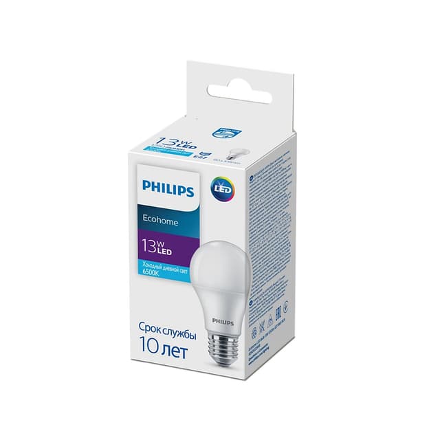 Лампа, Philips, LED Bulb 13W-1250lm-E27-865-RCA, Ecohome, Мощность13Вт, Световой поток 1250Лм, Цоколь E27, Индекс цветопередачи 80CRI, Температура 6500К, Холодный