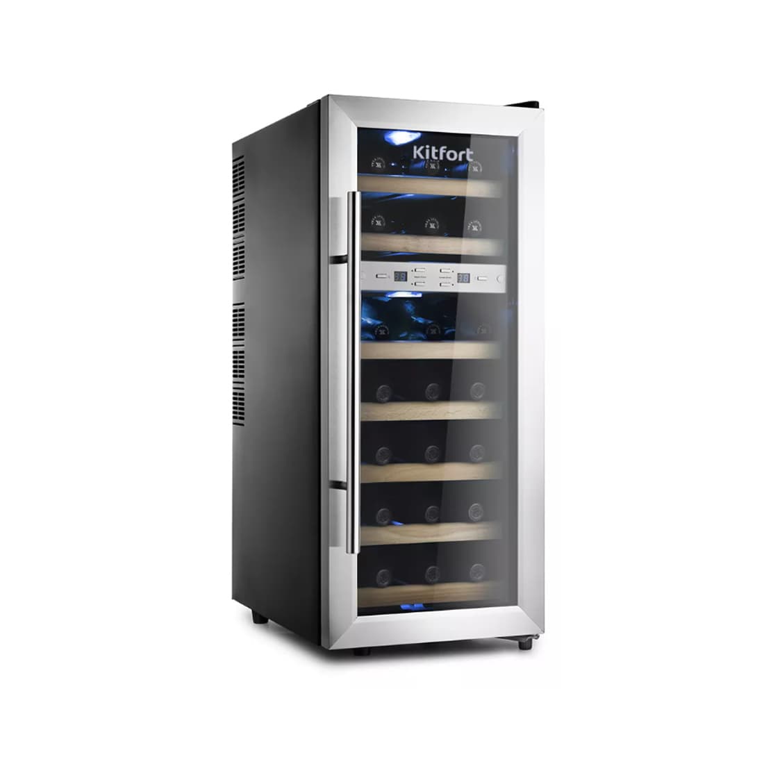 Винный шкаф, Kitfort, КТ-2406, Термоэлектрический, Полезный объем 60л, Деревянные полки, Стандартный компрессор, Черный/Стальной