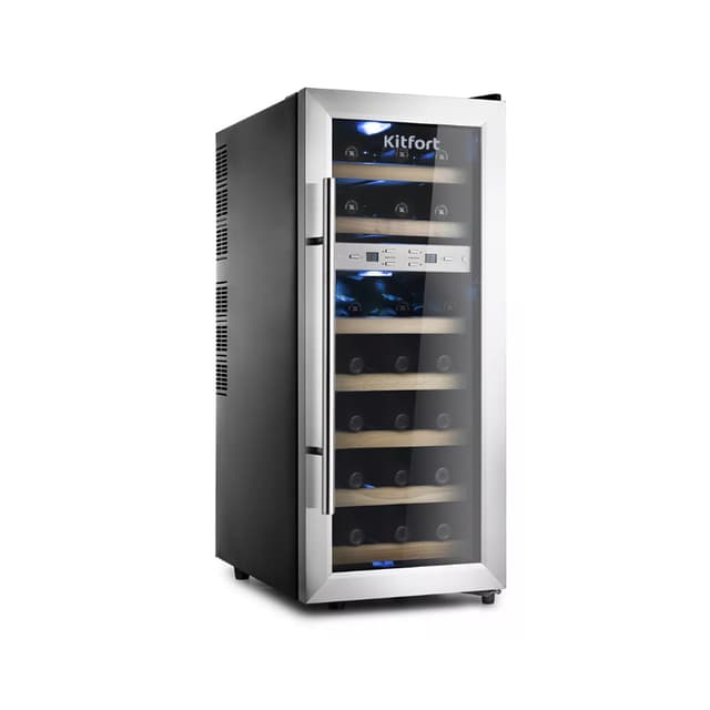 Винный шкаф, Kitfort, КТ-2406, Термоэлектрический, Полезный объем 60л, Деревянные полки, Стандартный компрессор, Черный/Стальной