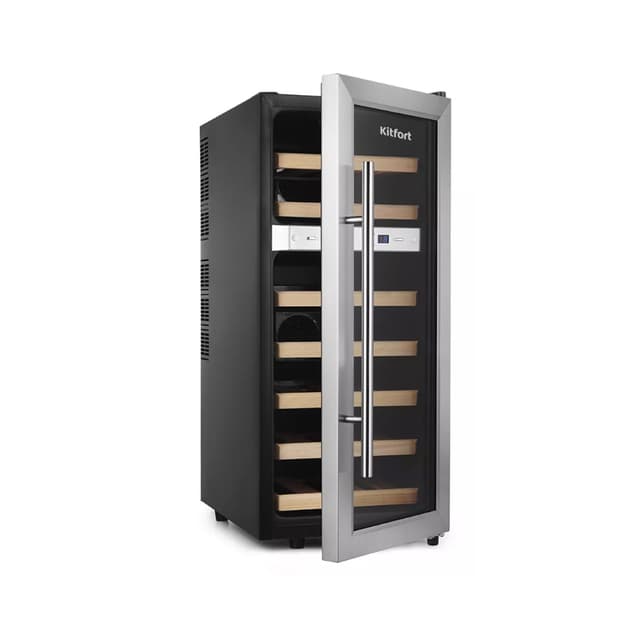 Винный шкаф, Kitfort, КТ-2406, Термоэлектрический, Полезный объем 60л, Деревянные полки, Стандартный компрессор, Черный/Стальной