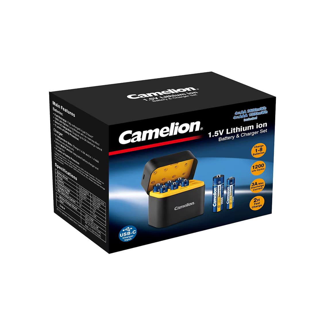 Зарядное устройство, CAMELION, LBC-328MST-BLK-CB, AA: 4 x 5V 0.35A, AAA: 4 x 5V 0.22A, Индикаторы заряда, Вход: (USB-C) 5V 2.5A