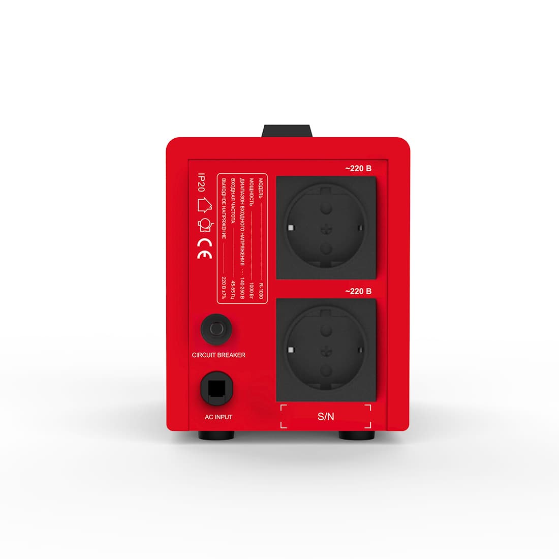 Стабилизатор (AVR), SVC, R-1000, 1000ВА/1000Вт, Диапазон работы AVR: 140-260В, Выходное напряжение: 220В +/-7%, Задержка включения, выход 2 шт Shсuko, LCD-дисплей, Защита: от перегрузки, короткого замыкания, повышенной температуры, Чёрно-красный