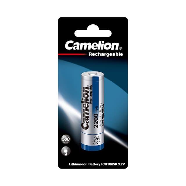 Аккумулятор, CAMELION, ICR18650F-22-BP, Lithium, 3,7V, 2200 mAh, 1 шт., Блистер, Серебристый