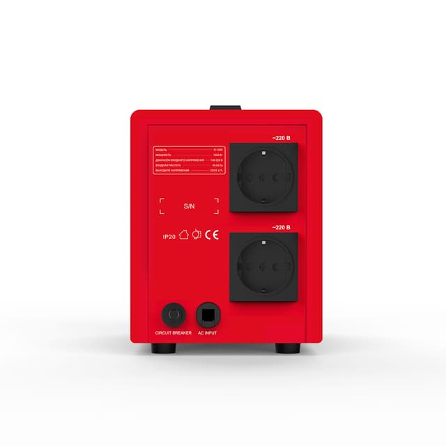 Стабилизатор (AVR), SVC, R-1500, 1500ВА/1500Вт, Диапазон работы AVR: 140-260В, Выходное напряжение: 220В +/-7%, Задержка включения, выход 2 шт Shсuko, LCD-дисплей, Защита: от перегрузки, короткого замыкания, повышенной температуры, Чёрно-красный
