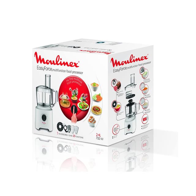 Кухонная машина, Moulinex, FP244110, Мощност 700 Вт, Общий объем чаш 2.4 л, Насадка для теста, Грубое измельчение, Терка, Белый