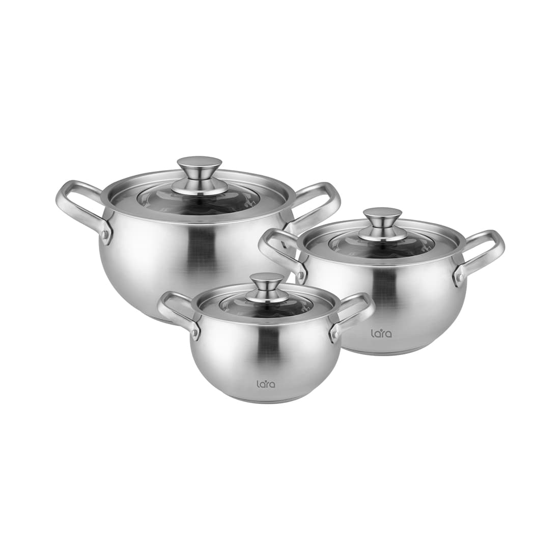 Набор посуды, LARA, ТОКИО LR02-127, 3пр, Кастрюли 3шт, Крышки 3 шт, Диаметр 16/20/24 см, Объем 2.3л/4.1л/6.5л, Нержавеющая сталь, Для всех типов плит, Мойка ручная/в посудомоечной машине, Стальной