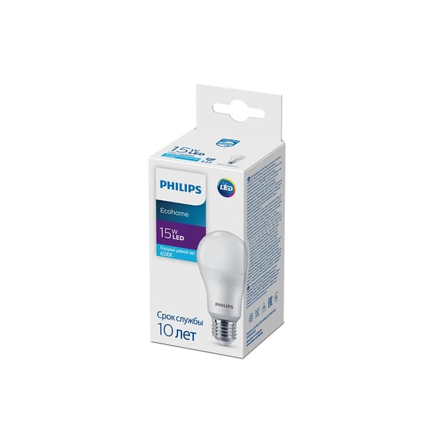 Лампа, Philips, LED Bulb 15W-1450lm-E27-865-RCA, Ecohome, Мощность 15Вт, Светолой поток 1450Лм, Цоколь E27, Индекс цветопередачи 80CRI, Температура 6500К, Холодный