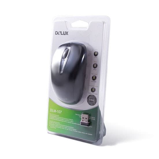 Компьютерная мышь, Delux, DLM-107OGB, 3D, Оптическая, 1000dpi, Беcпроводная 2.4ГГц, Нано-ресивер, Эффективная дистанция 10 м., Размер: 103,6*58,1*38,1 мм., Чёрный