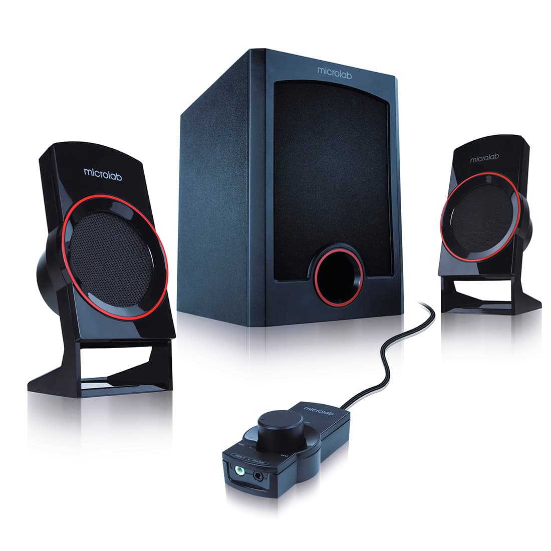 Акустическая система, Microlab, M-111, 2.1, 12Вт (3Вт*2+6Вт), Выход 2RCA, Вход 3,5 MiniJack, Проводной пульт ДУ, Чёрный
